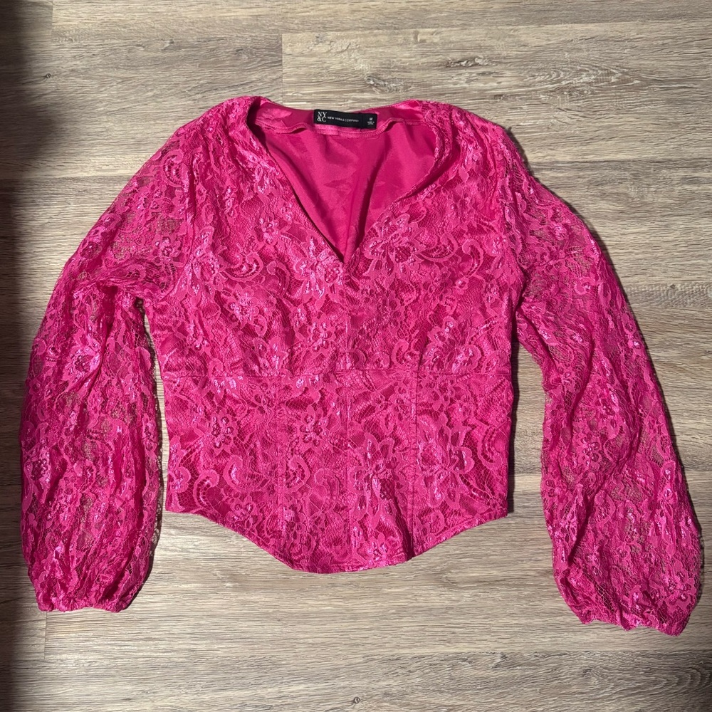 New York & Company Hot Pink Long Sleeve Lace Top